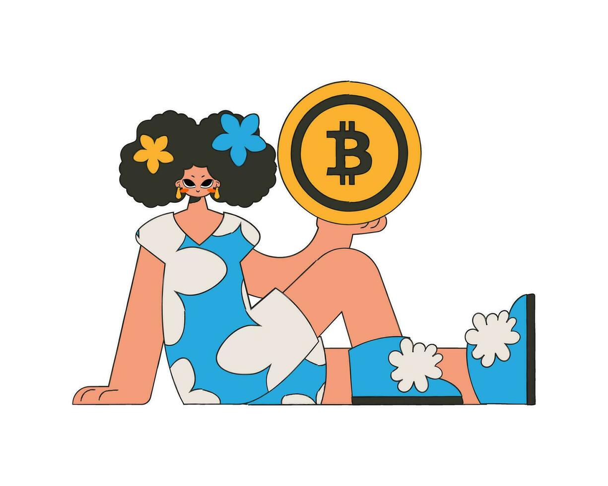 das Mädchen ist halten ein Bitcoin Münze im ihr Hände. Charakter modisch Stil. vektor