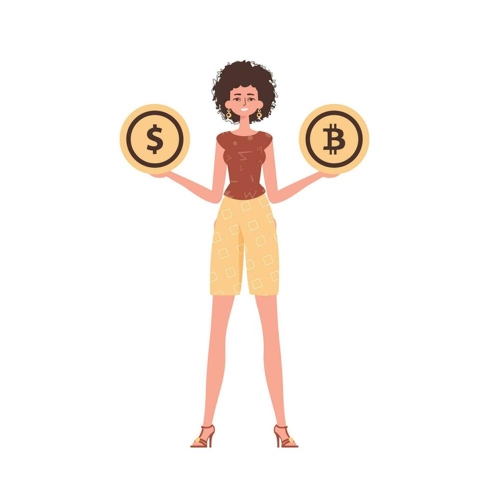 de flicka innehar en mynt av bitcoin och dollar i henne händer. karaktär i trendig stil. vektor