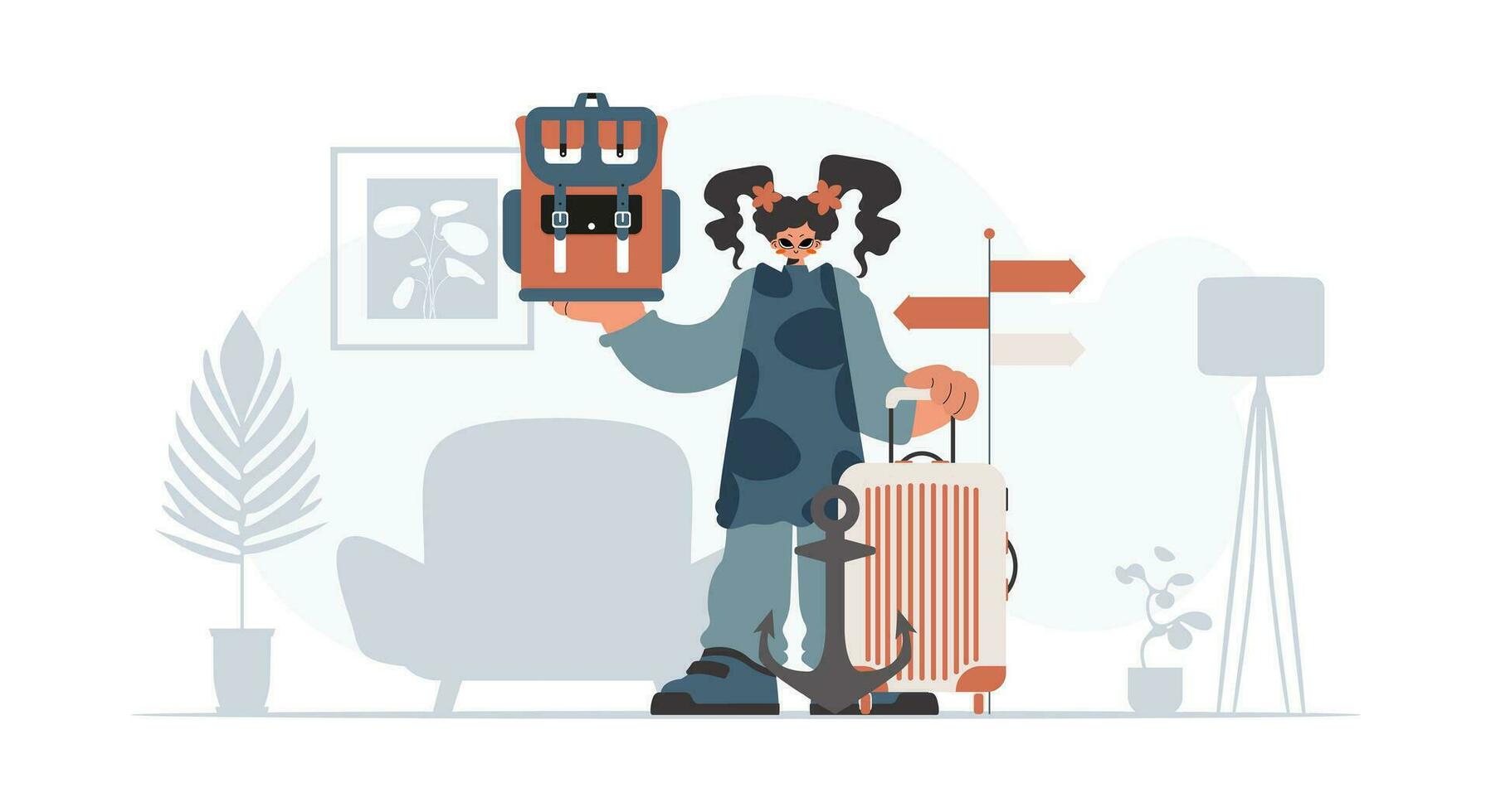 das jugendlich Frau ist halten ein Reise Rucksack und ein Sack. das Konzept von sich ausruhen und Reise. modisch Stil, Vektor Illustration