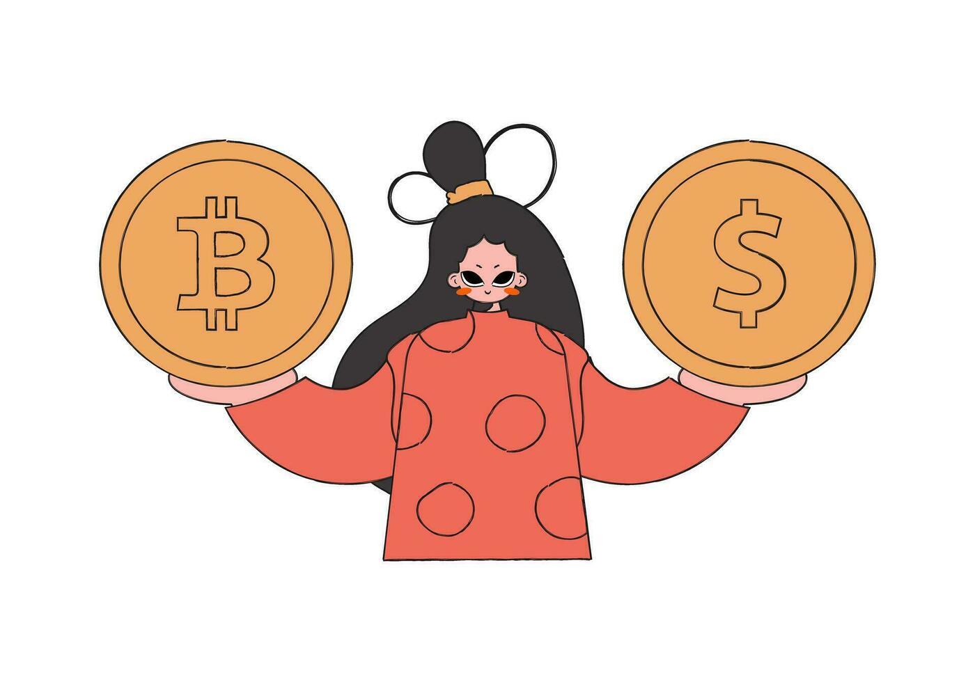 Frau halten Dollar und Bitcoin Münze. rentro Stil Charakter. vektor