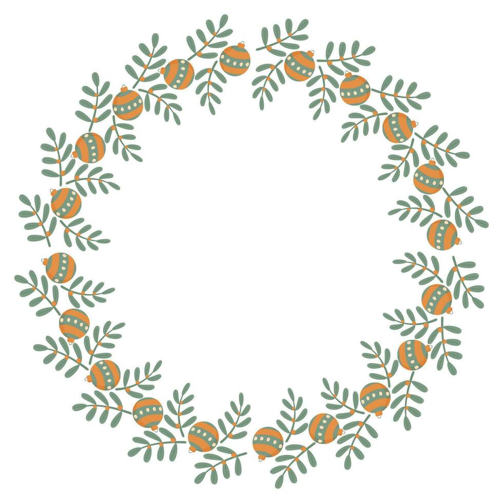 ein Kranz von Zweige mit Blätter und Weihnachten Bälle. vektor
