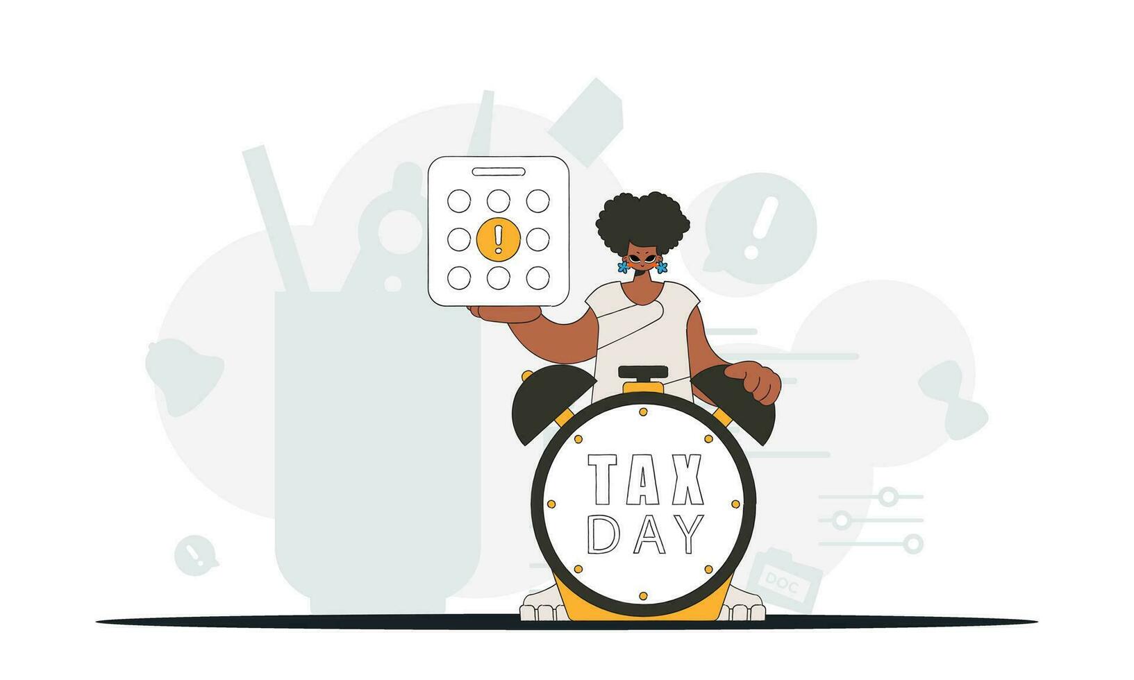 underbar kvinna med kalender och larm klocka. grafisk illustration på de tema av beskatta betalningar. vektor