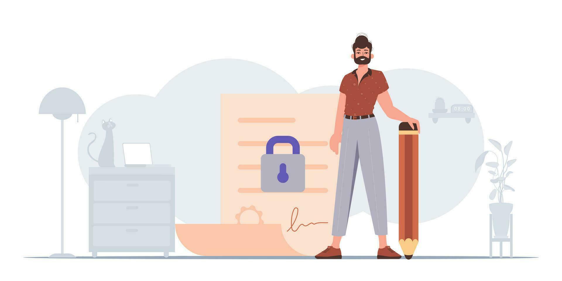de begrepp av signering och skyddande data. smart avtal. en man står nära en stor dokumentera och innehar en penna. vektor