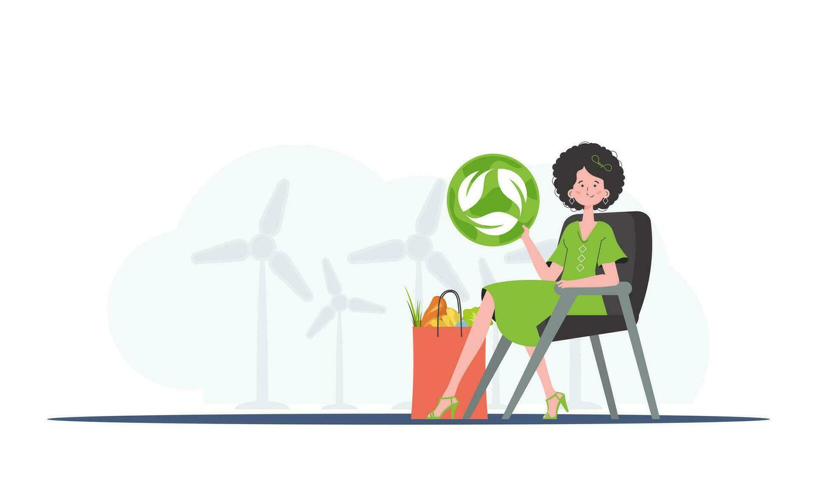 en kvinna sitter Nästa till en paket med friska mat och innehar ett eko ikon. de begrepp av ekologi, noll avfall och friska äter. trend stil, vektor illustration.
