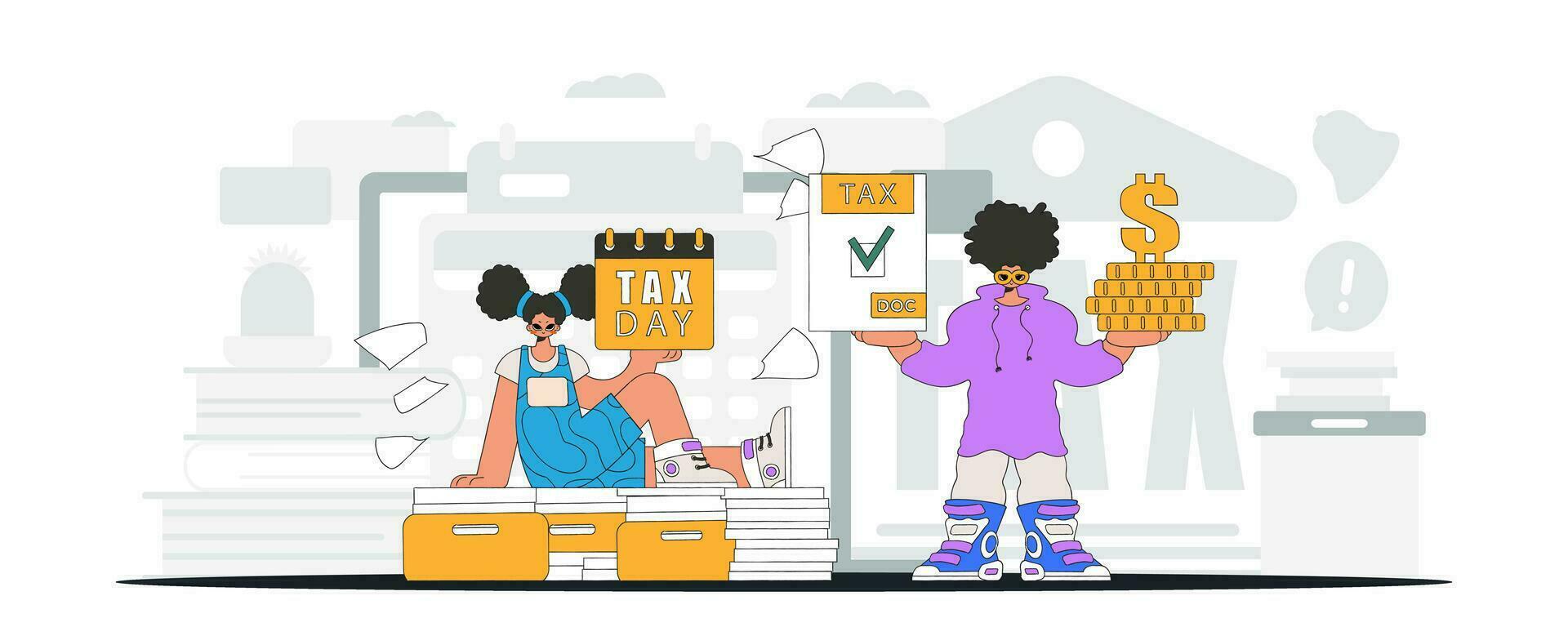 ein elegant Mädchen und ein Kerl sind beschäftigt, verlobt im bezahlen Steuern. ein Illustration demonstrieren das Bedeutung von bezahlen Steuern zum wirtschaftlich Entwicklung. vektor