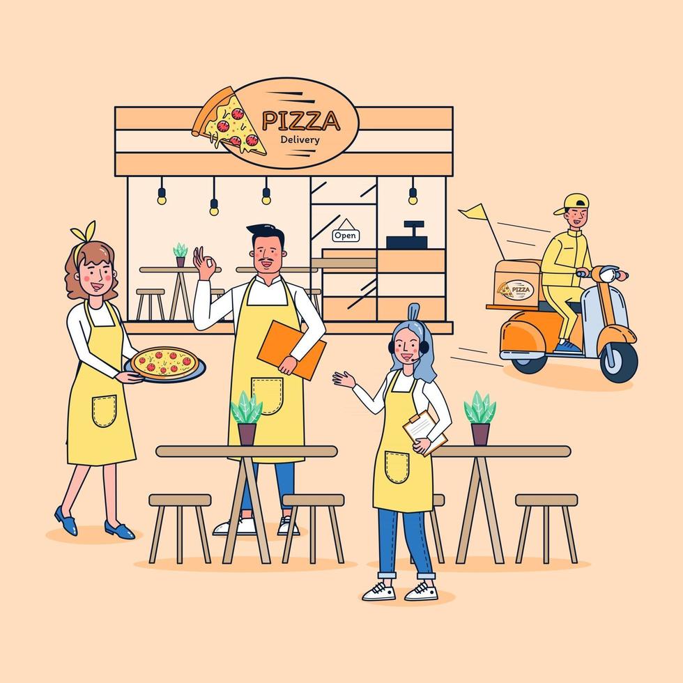 Pizzeria, die verschiedene Pizzaseiten verkauft. zum Mitnehmen und Lieferung zum Kunden nach Hause. vektor