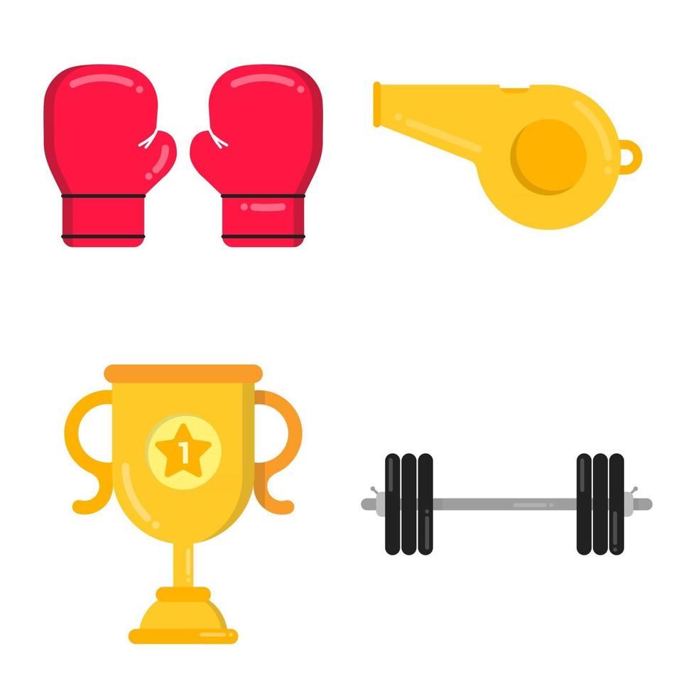 Fitnessstudio Langhantel, Boxhandschuhe, Sportpfeife, Golden Cup Sport Set Flat Style Design Vector Illustration Icon Zeichen isoliert auf weißem Hintergrund. Symbole des Gewichthebersports oder Fitnessgeräte.