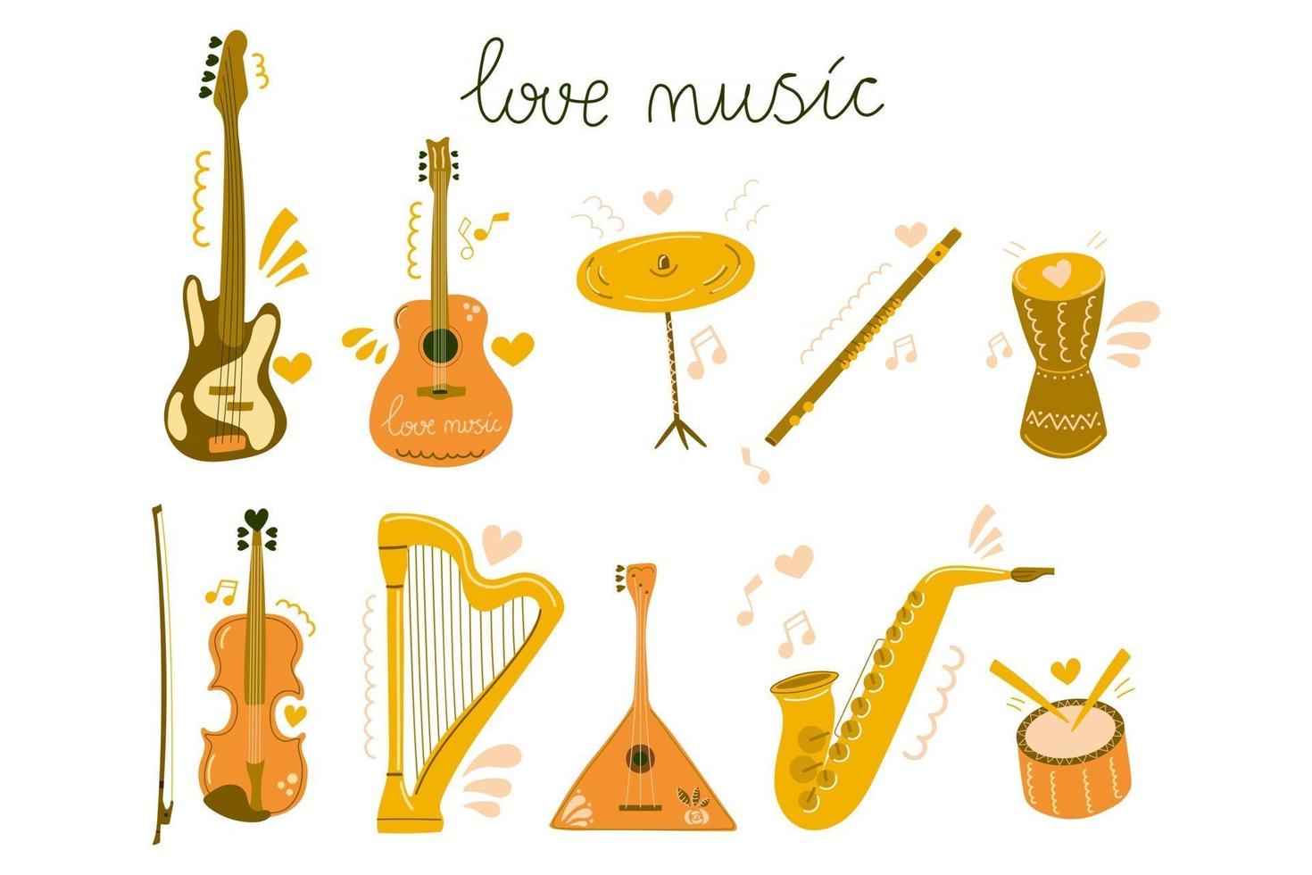 Set von handgezeichneten Musikinstrumenten für Bildung, Kurse, festlich, Shop. flache Abbildung. vektor