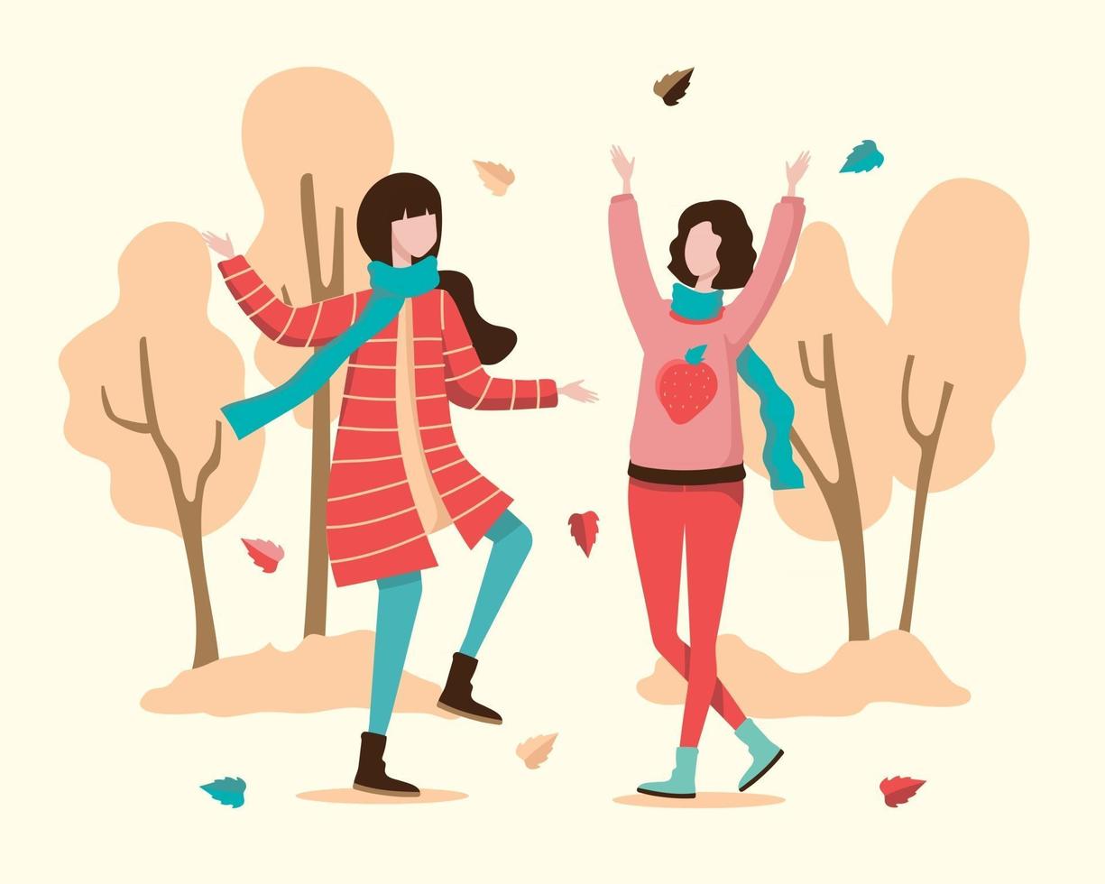 eine junge Frau und eine enge Freundin unternehmen einen entspannten Herbstausflug. vektor