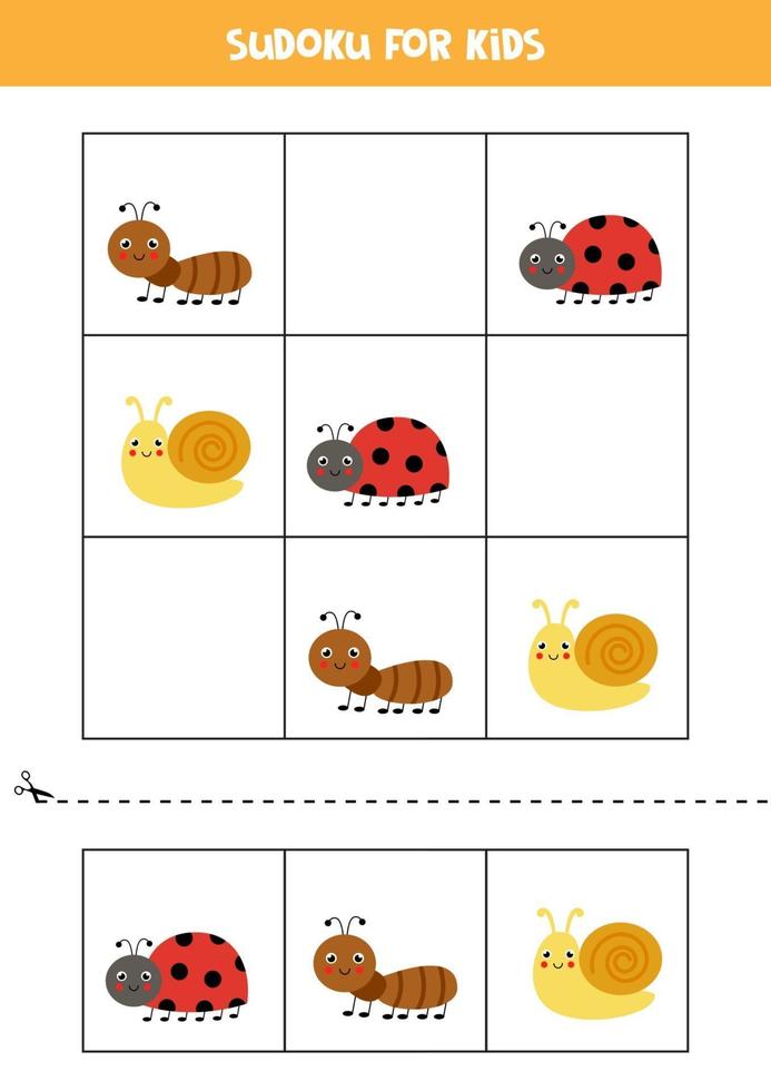 Sudoku-Spiel für Kinder mit niedlichen Cartoon-Insekten. vektor