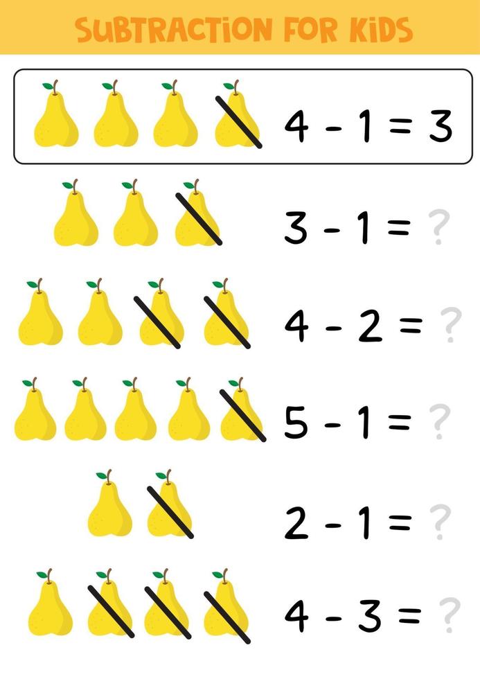 pädagogisches Mathe-Kinderspiel. Abzug für Kinder. vektor