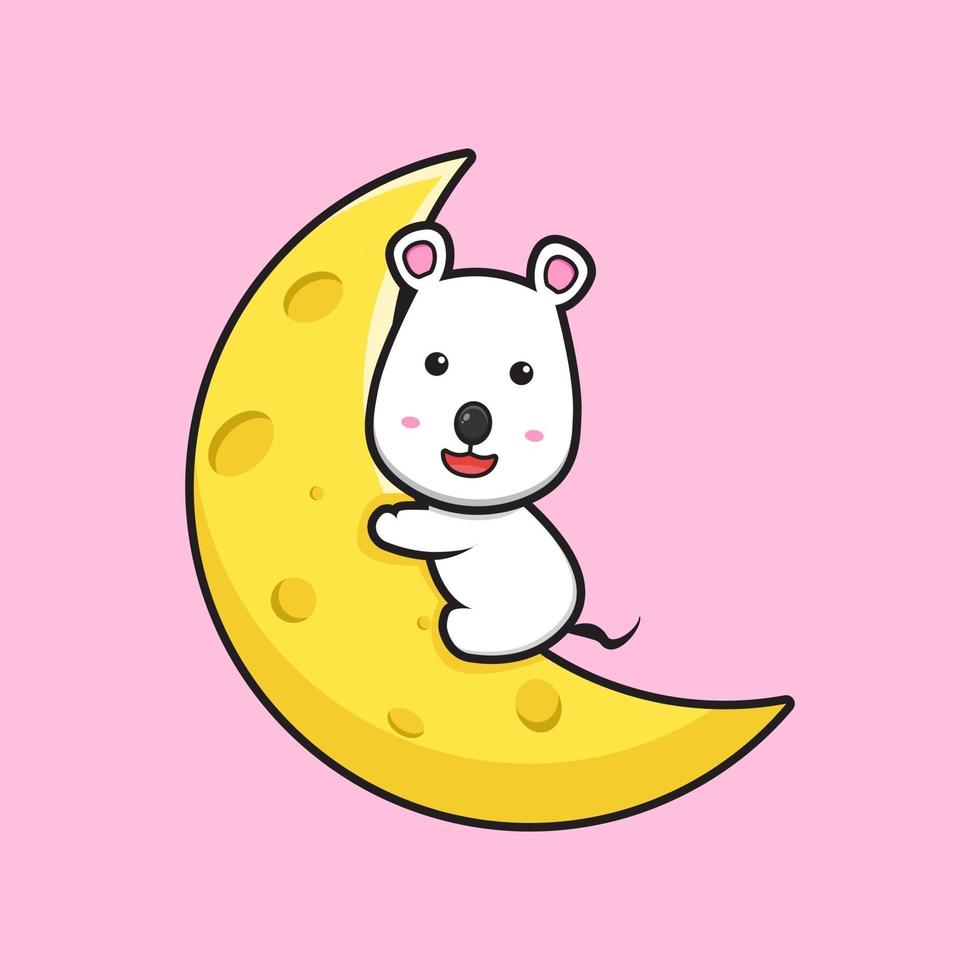 süße Maus Umarmung Käse Mond Cartoon Vektor Icon Illustration