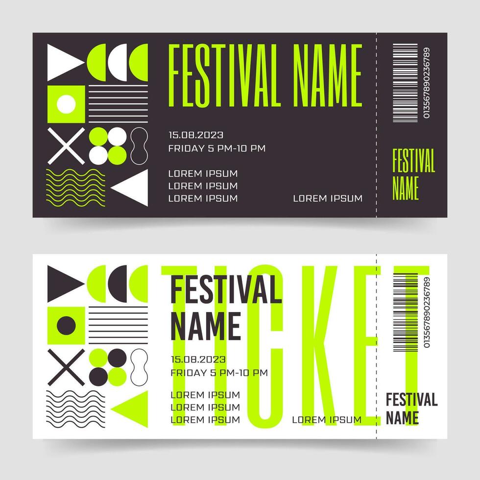 Festival Tickets Vorlage Neon- Design im Brutalist Stil. schweizerisch Bauhaus y2k Attrappe, Lehrmodell, Simulation Coupon mit Primitive Formen Muster. vektor