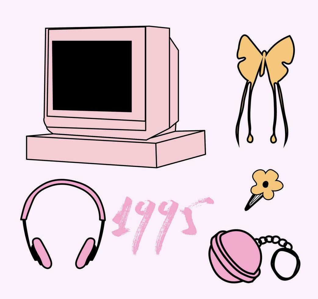 retro 90er Jahre und 80er Jahre mädchenhaft Aufkleber Pack mit alt Schule Computer, Kopfhörer und mädchenhaft Zubehör. vektor