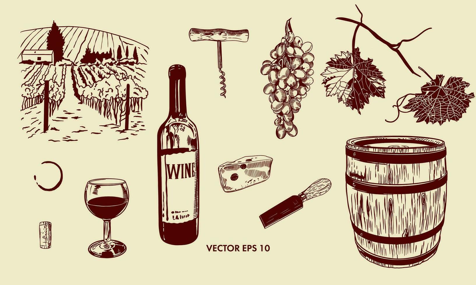 Flasche, Glas, Fass von Wein, Trauben, Blätter, Käse, Weinberge, Flasche Öffner. Vektor Illustration von ein Wein einstellen im Grafik Stil. Design Element zum Menüs, Wein Listen, Etiketten, Banner, Flyer.