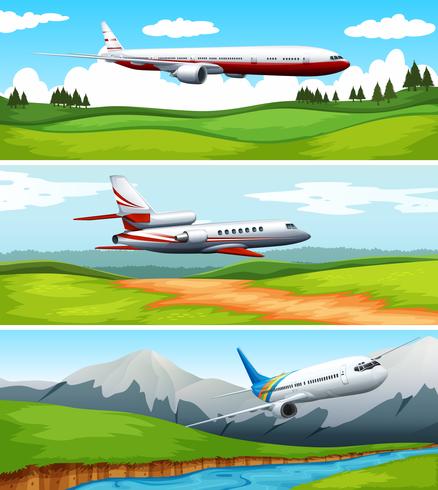Tre scener av flygplan som flyger över fältet vektor