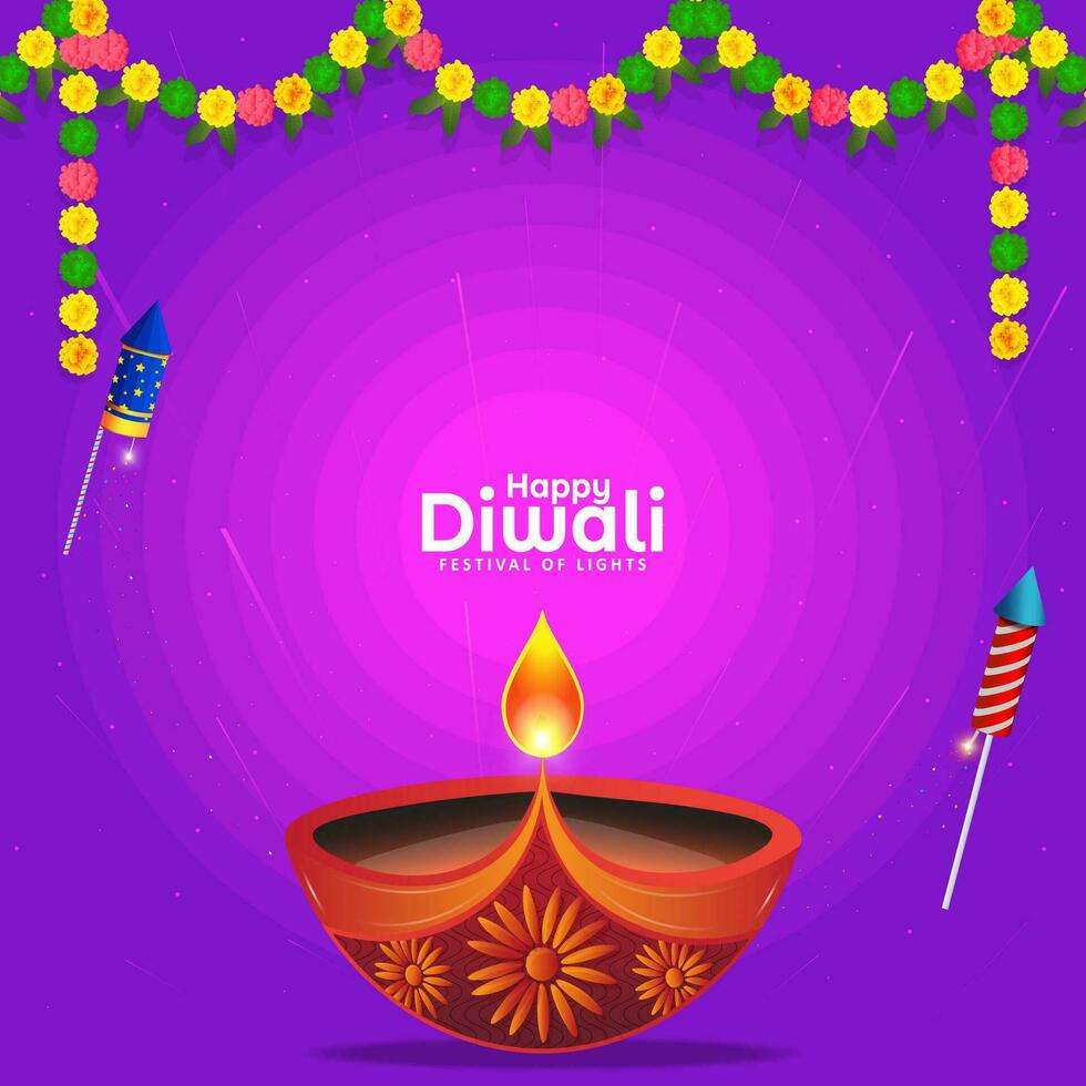 Lycklig diwali festival bakgrund med diwali diya lampa och fyrverkeri och färgrik blommor. vektor