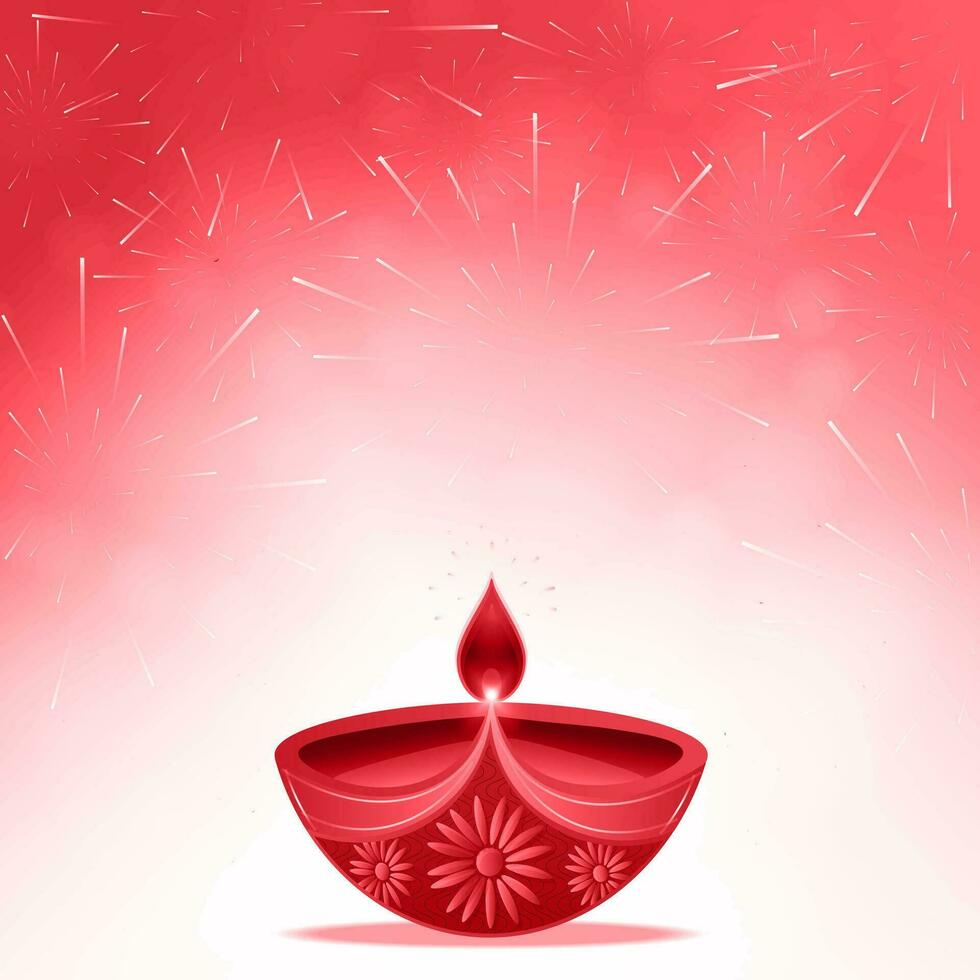 Lycklig diwali festival firande bakgrund med diwali diya och fyrverkeri på röd bakgrund. vektor