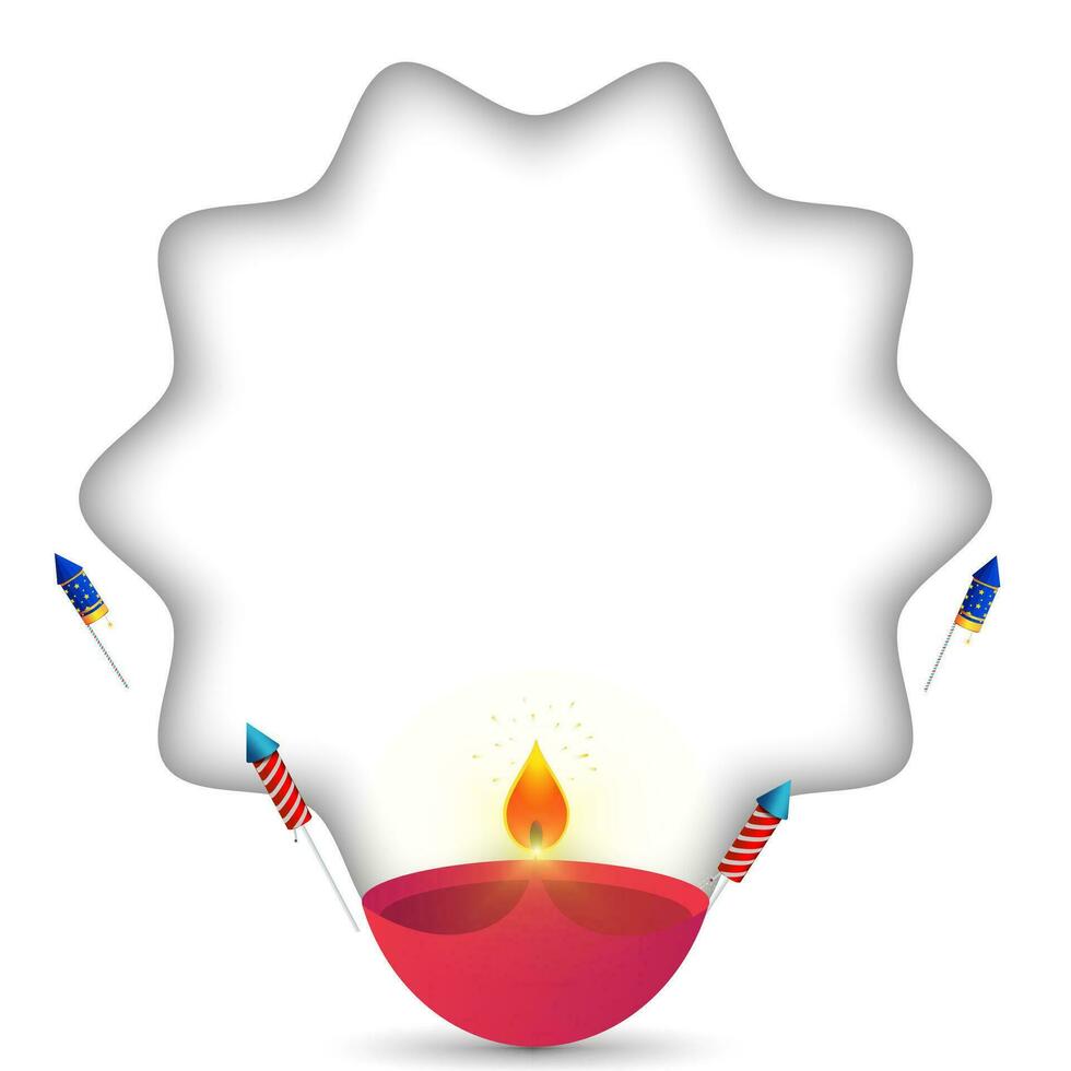 Diwali Festival Gruß Karte Design mit Diya Öl Lampe mit Feuerwerk Hintergrund. Vektor Illustration