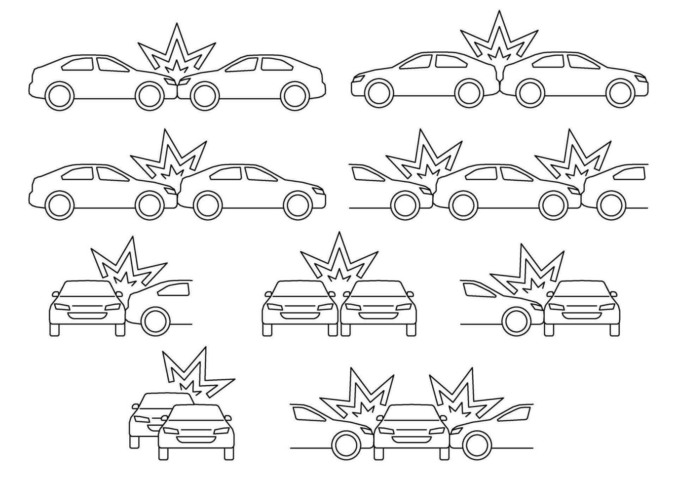 Auto Absturz, Unfall von Transport, Linie Kunst Symbol Satz. Seite, frontal und zurück Kollision. gebrochen Fahrzeug. Vektor Gliederung Illustration