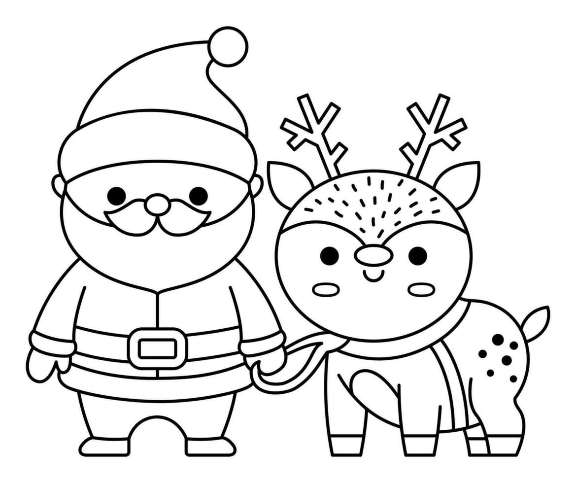vektor svart och vit söt santa claus med rådjur. söt far frost illustration isolerat på vit. jul, vinter- eller ny år karaktär med ren. rolig linje ikon eller färg sida