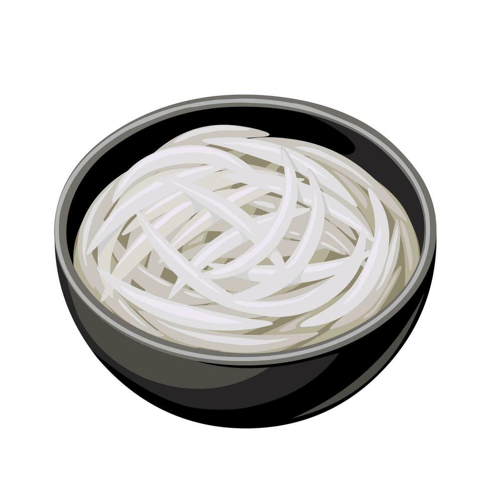 vektor illustration, silver- nål spaghetti i en skål, spaghetti tillverkad från ris, gluten fri, isolerat på vit bakgrund.