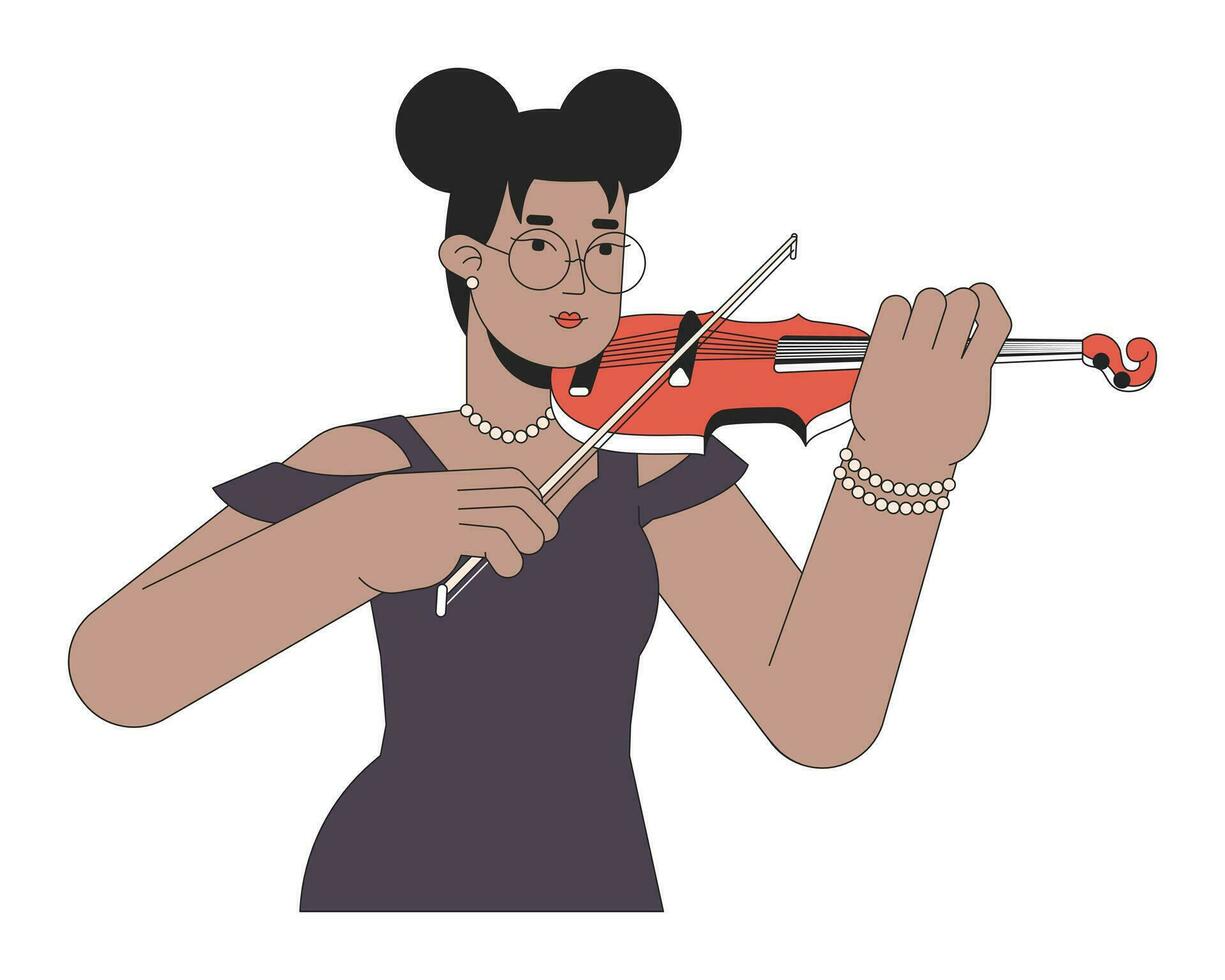 svart kvinna violinist spelar musikalisk instrument 2d linjär tecknad serie karaktär. afrikansk amerikan ung kvinna isolerat linje vektor person vit bakgrund. fiol spelare Färg platt fläck illustration