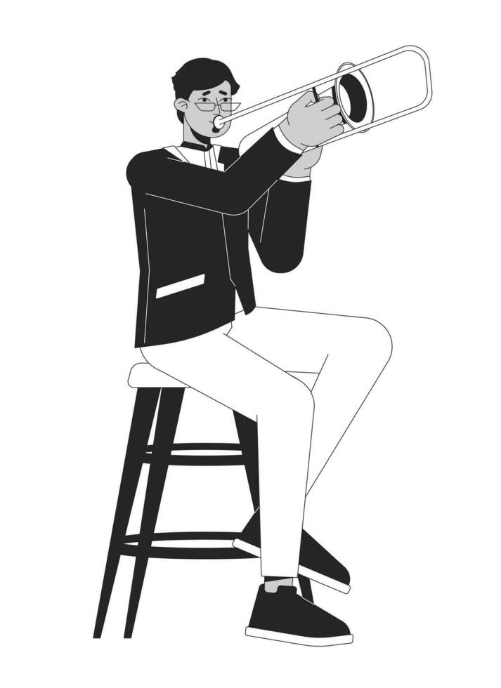 Jazz Trompete Spieler schwarz und Weiß Karikatur eben Illustration. arabisch Erwachsene Mann Trompete Musiker 2d lineart Charakter isoliert. männlich Orchester Musiker Trompete einfarbig Szene Vektor Gliederung Bild