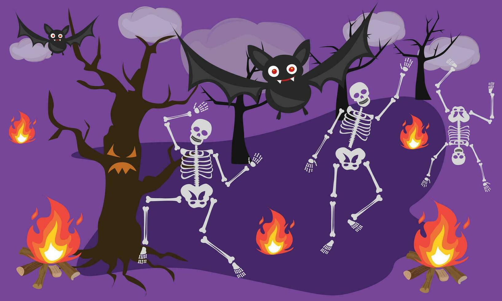 halloween bakgrund vektor illustration med dans skelett, demon fladdermus, läskigt träd, flygande brand på natt. flygande läskigt fladdermus klämma konst. platt vektor i tecknad serie stil isolerat på vit bakgrund.