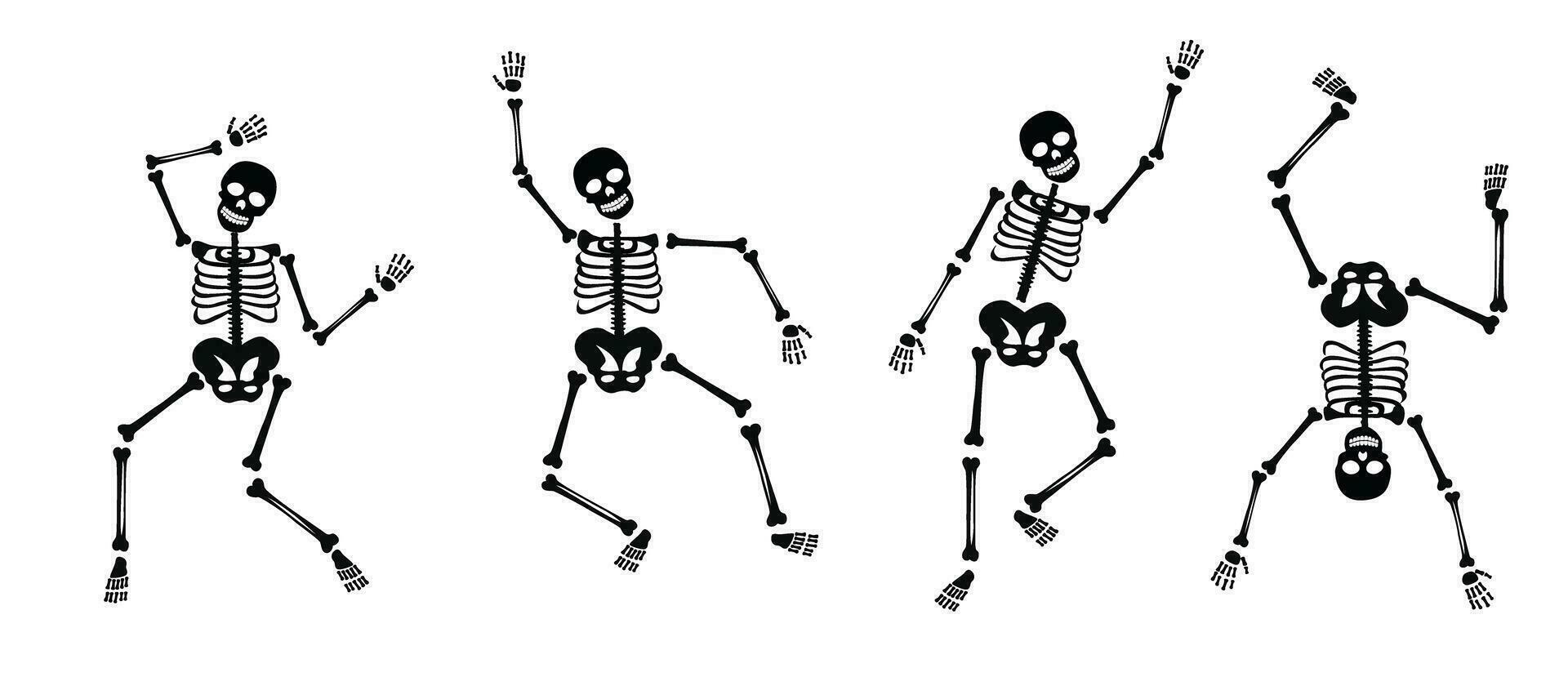 Tanzen Mensch Skelette Vektor Satz. anders Skelett posiert einstellen isoliert auf dunkel Hintergrund Vektor Illustration. Halloween Konzept. eben Vektor im Karikatur Stil isoliert auf dunkel Hintergrund.