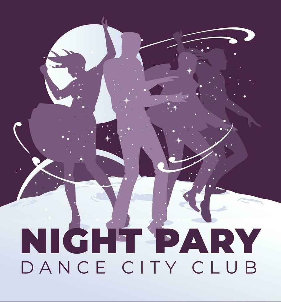 Nacht Verein Design Werbung. Silhouetten von Tanzen Menschen auf das Hintergrund von Raum und Planeten vektor