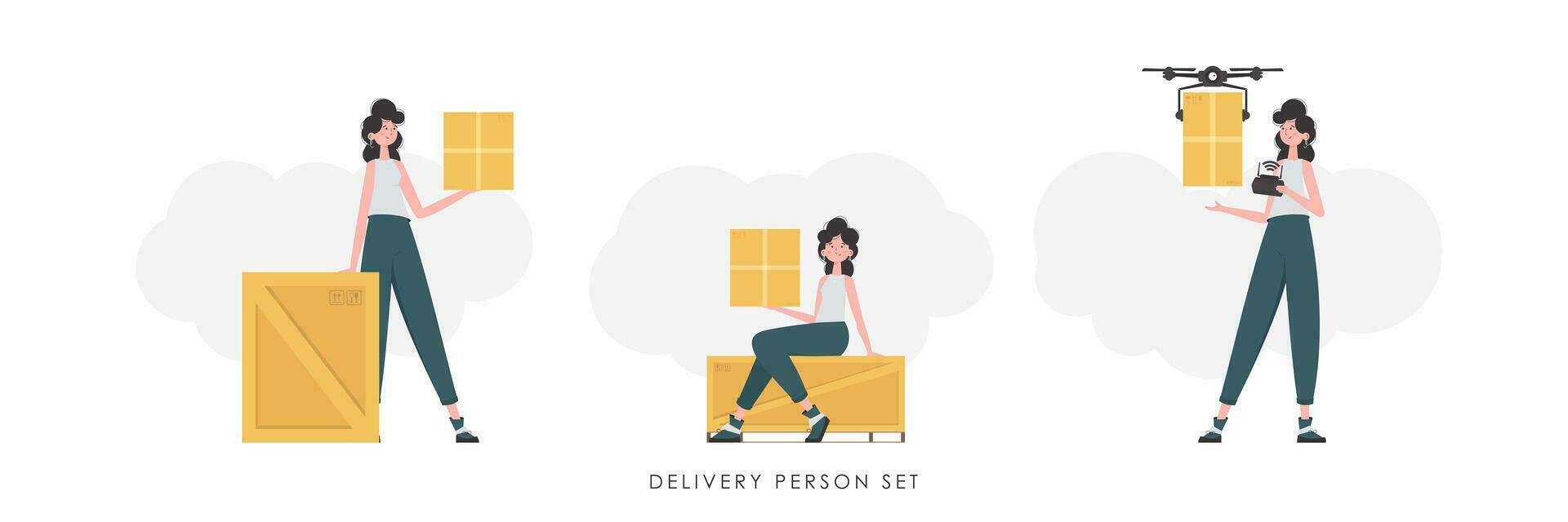 einstellen von ein Mädchen mit ein Box und ein Paket. das Konzept von Ladung Lieferung. modisch Stil. Vektor Illustration.