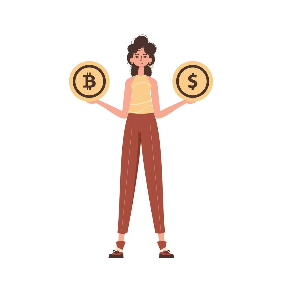 das Mädchen ist halten ein Bitcoin und ein Dollar im das bilden von Münzen. Charakter im modisch Stil. vektor