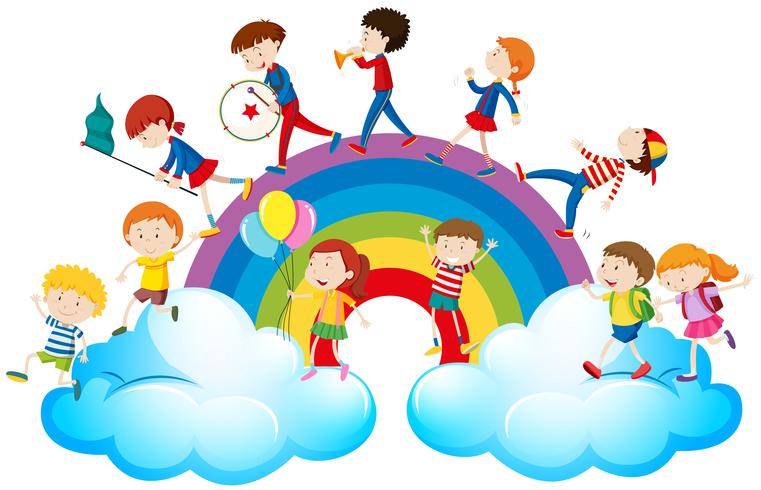 Kinder spielen Musik über dem Regenbogen vektor