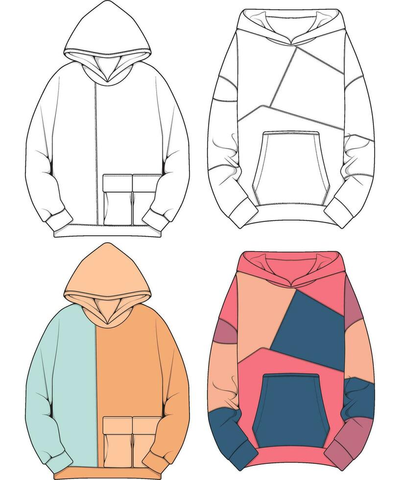 överdimensionerad luvtröja teknisk mode illustration med avslappnad passa, lång ärmar. platt outwear hoppare kläder mall. kvinnor, män, unisex- tröja topp attrapp vektor