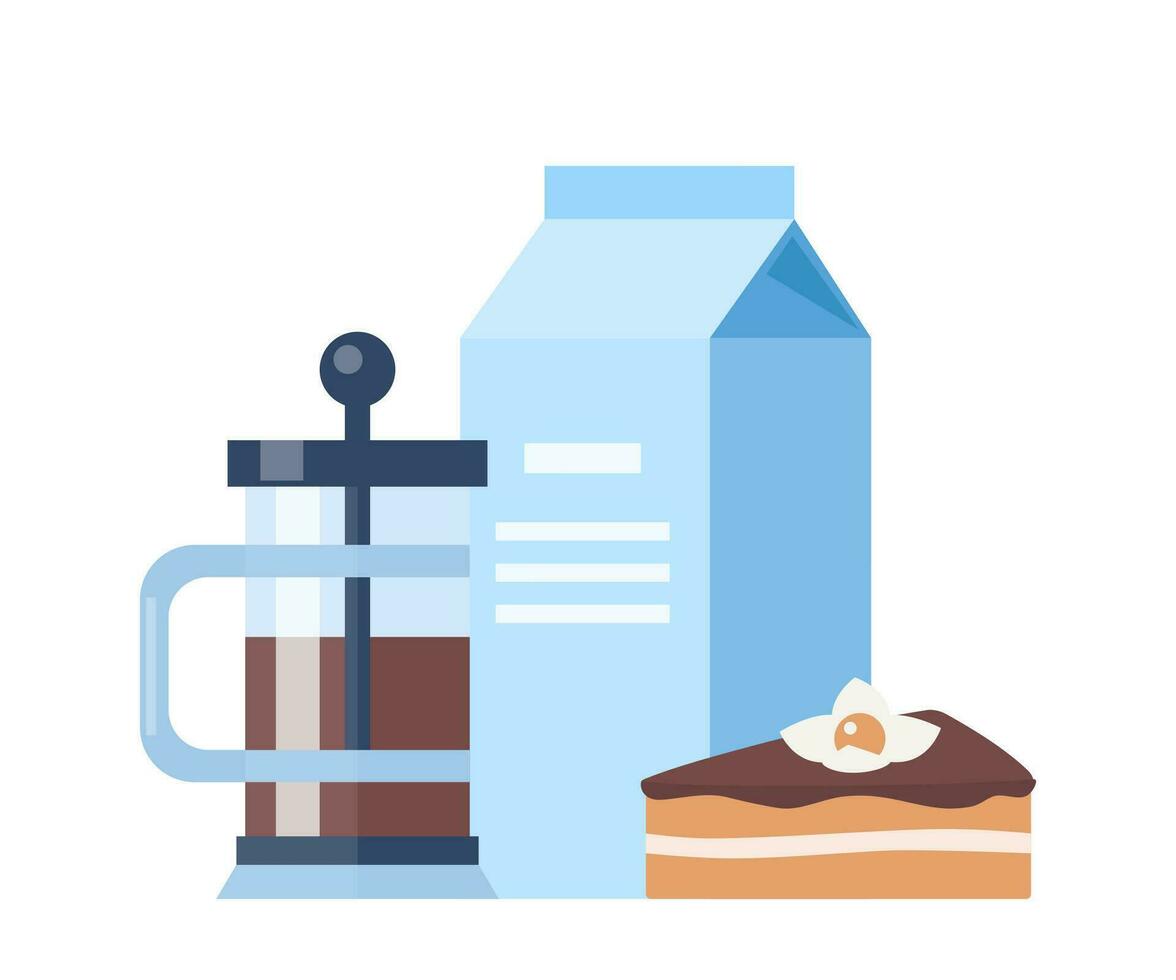 Kaffee Zeit Konzept Illustration. früh Frühstück mit Kaffee und Kuchen. Kaffee, Kuchen, Milch. Vektor Illustration.