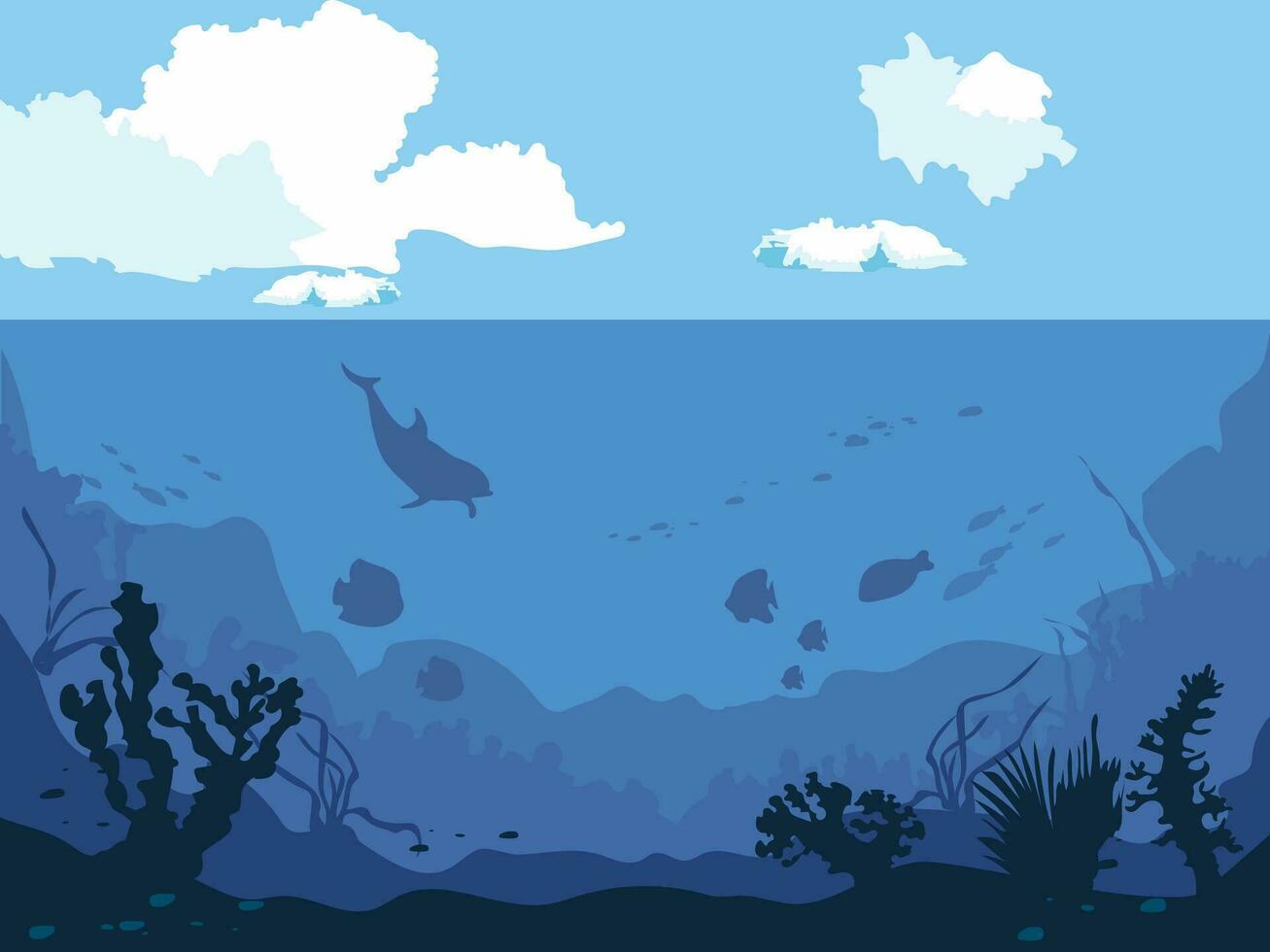 Vektor unter Wasser und über Wasser Landschaft. unter Wasser Aussicht mit klar Blau Wasser mit Wolken im das Himmel. Ozean Wasserlinie Anime rein Stil. Hintergrund Design.