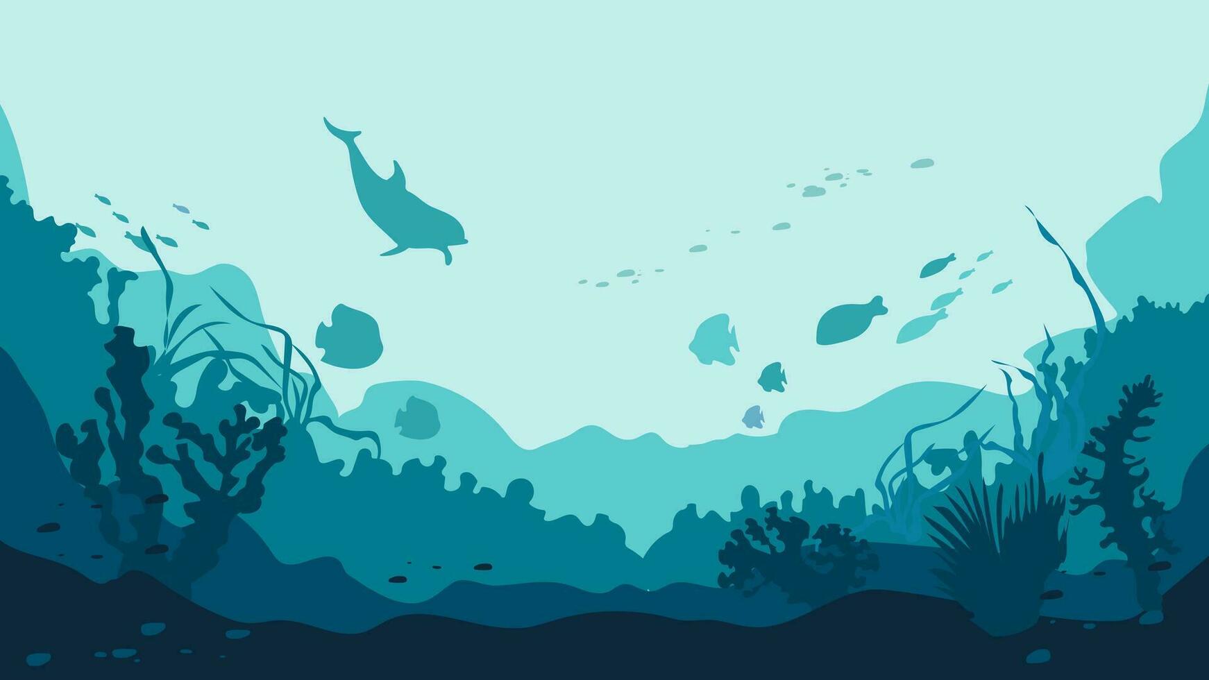 Meer Unterseite Flora und Fauna, Meeresboden Welt Vektor Hintergrund. Delfin Silhouette, Seetang und Riff, Fisch Schule auf unter Wasser Landschaft.