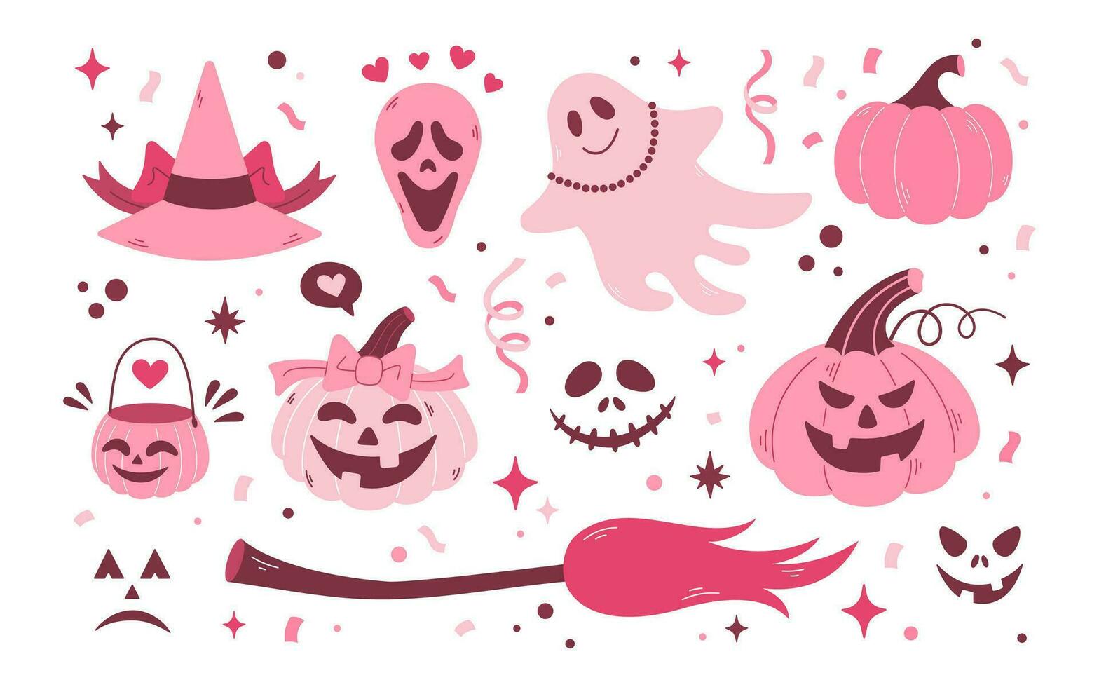 barbie kärna halloween uppsättning. tecknad serie rosa vektor ikoner. pumpa, anda, hatt, pumpa, domkraft lykta, kvast. flickor rosa kärna stil. halloween illustration samling.