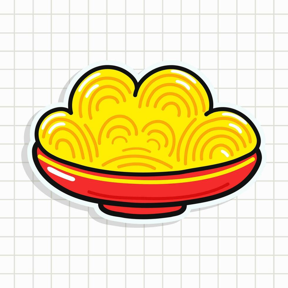 süß Teller von Spaghetti Aufkleber Charakter. Vektor Hand gezeichnet Karikatur kawaii Charakter Illustration Symbol. Spaß Teller von Spaghetti Aufkleber Charakter Konzept