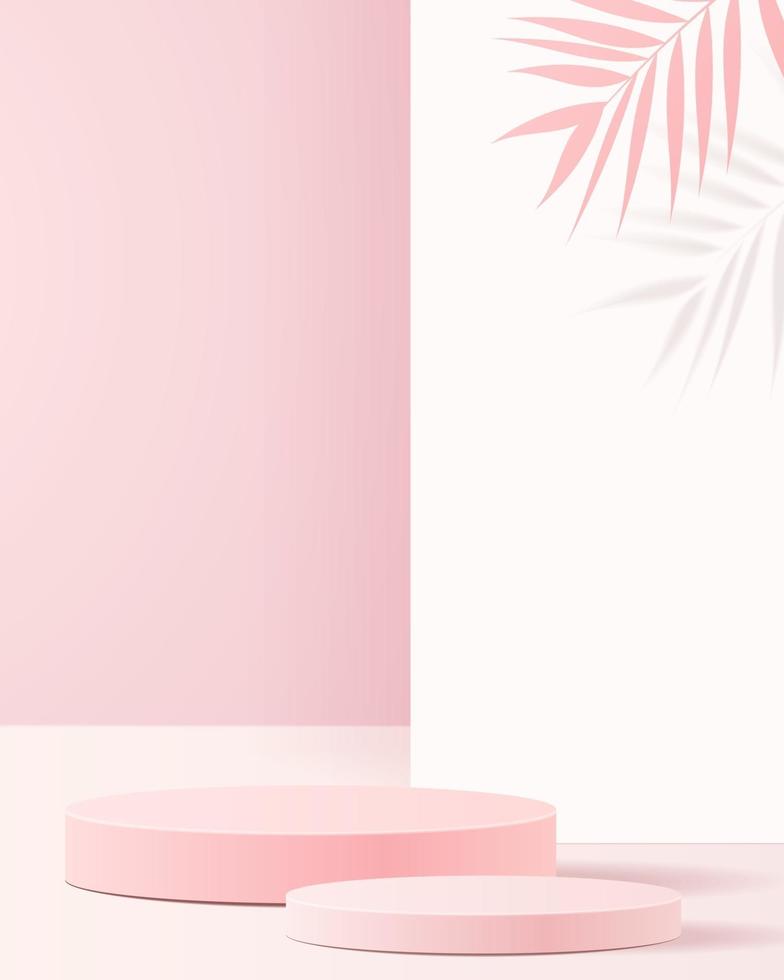 minimal scen med geometriska former. cylinderpallen i mjuk rosa bakgrund med pappersblad på kolumnen. scen för att visa kosmetisk produkt, utställning, butiksfront, vitrin. 3d vektorillustration. vektor