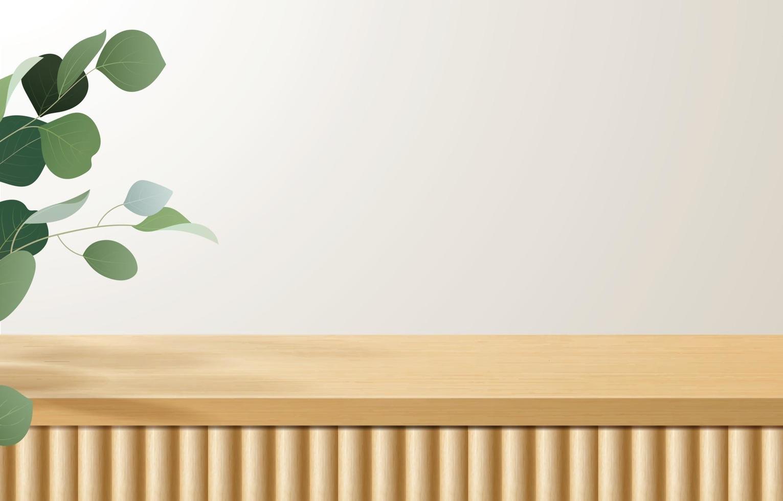leerer minimaler Holztisch, Holzpodest in weißem Hintergrund mit grünen Blättern. für Produktpräsentation, Mock-Up, Show-Kosmetik-Display, Podium, Bühnenpodest oder Podest. 3D-Vektor vektor
