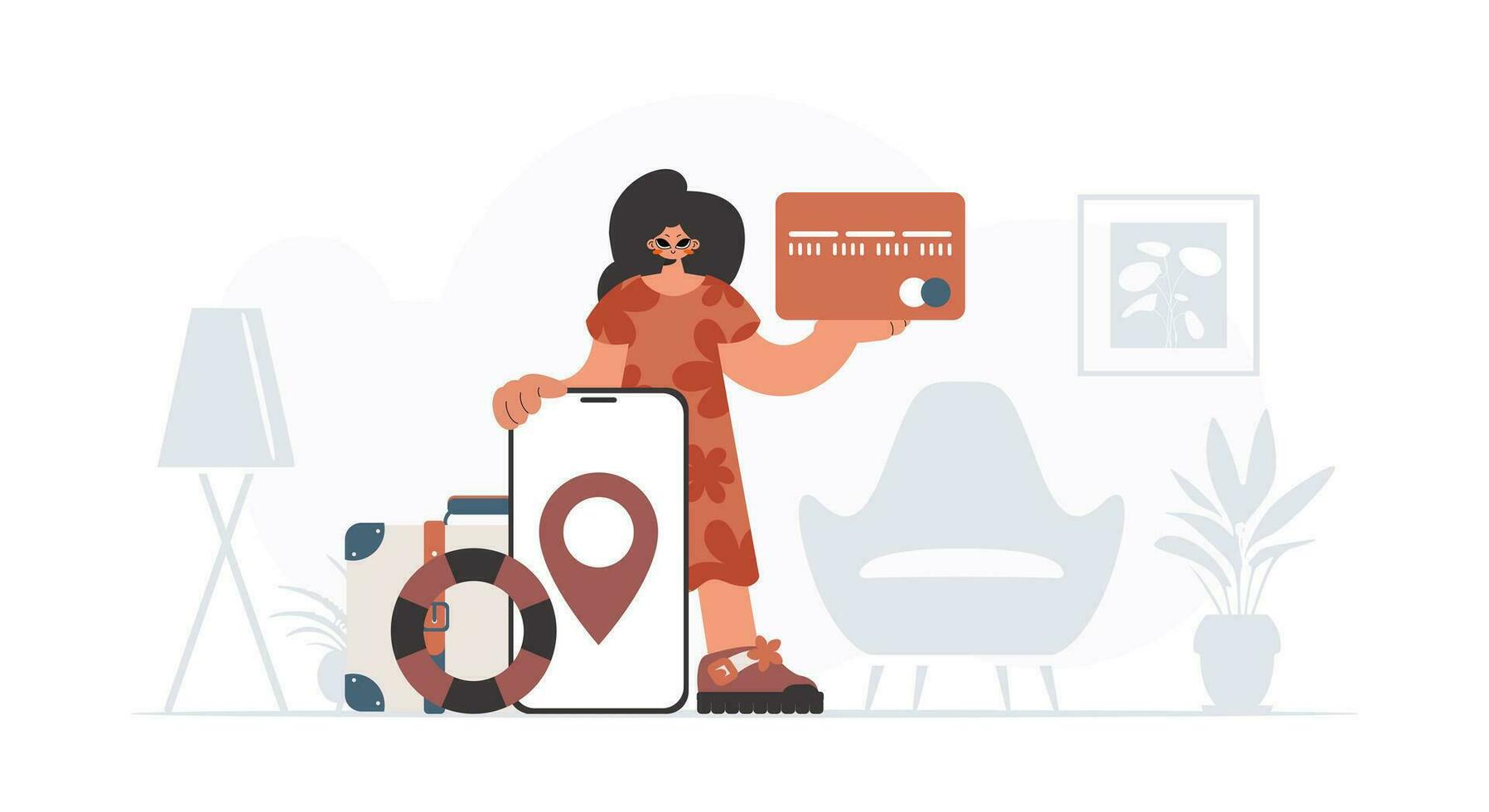 das jung Dame ist halten ein Bank Karte und ein Telefon mit ein Bereich. das Konzept von sich ausruhen und Reise. modisch Stil, Vektor Illustration