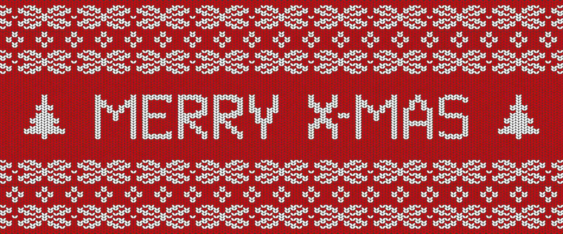 fröhlich Weihnachten handgestrickt Vektor Post Karte. rot und Weiß Winter Sweatshirt Textur. editierbar gemütlich warm realistisch Ornament zum Banner.