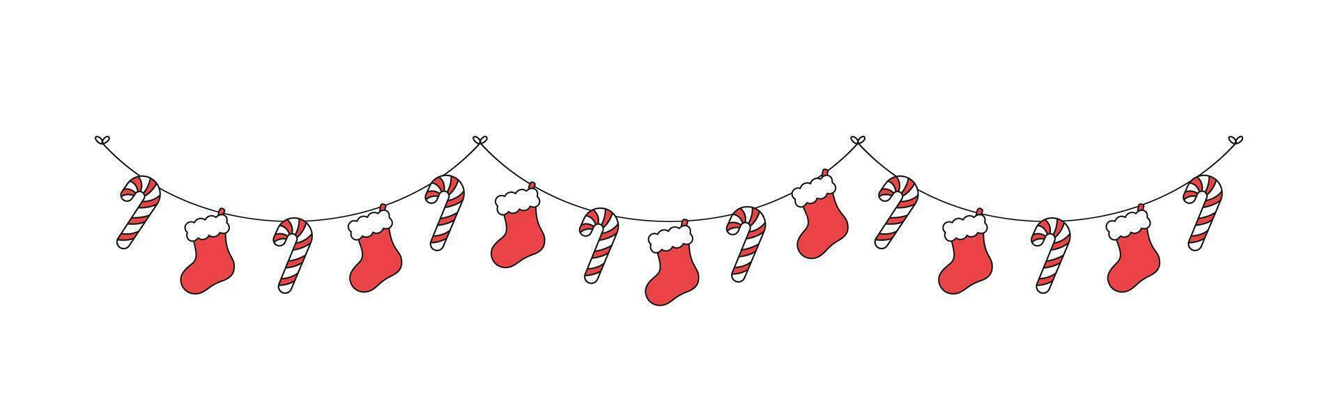 Weihnachten Strumpf und Süßigkeiten Stock Girlande Vektor Illustration, Weihnachten Grafik festlich Winter Urlaub Jahreszeit Ammer