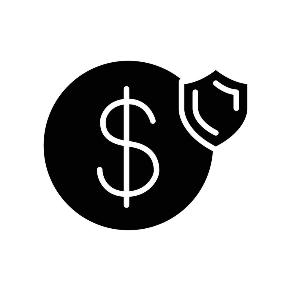 Garantie finanziell, schützen Dollar Symbol. Geld Versicherung mit Schild. Währung Reichtum Abzeichen Sicherheit Pflege. sichern Zahlung. Glyphe Piktogramm Stil Vektor Illustration. Design auf Weiß Hintergrund eps 10