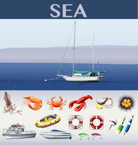 Ocean scen med fartyg och havsdjur vektor