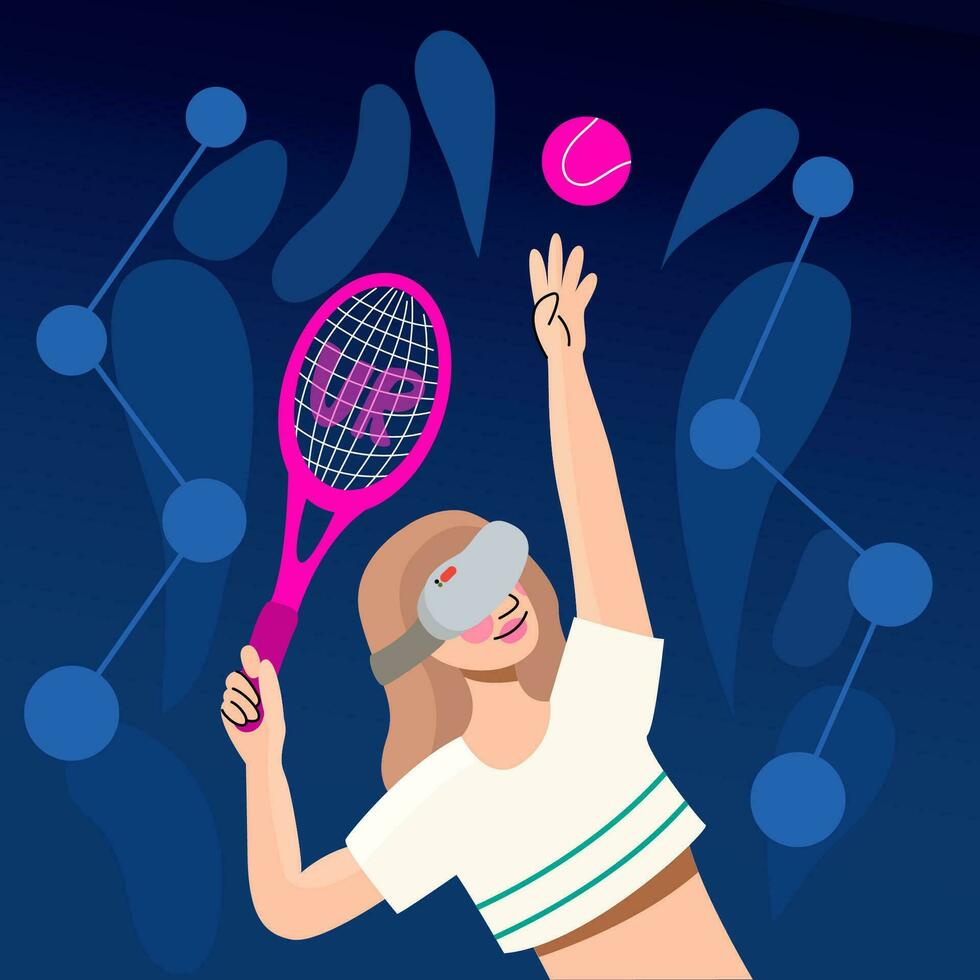 kvinna spelar tennis i vr headset. vektor hand dragen virtuell sporter illustration