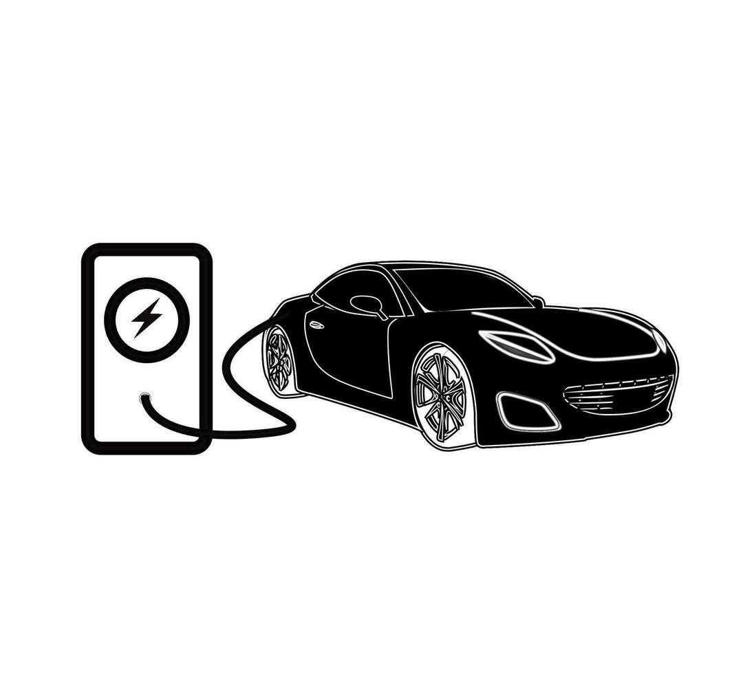 Elektro Auto Laden Bahnhof Vektor Illustration. Laden Sport Auto schwarz und Weiß isoliert Über Weiß Hintergrund Banner. Öko Transport Konzept