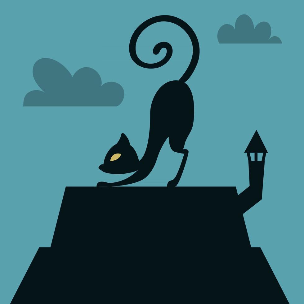 Schwarze Katzensilhouette erstreckt sich auf dem Dach des Hauses. Vektorillustration im flachen Stil vektor
